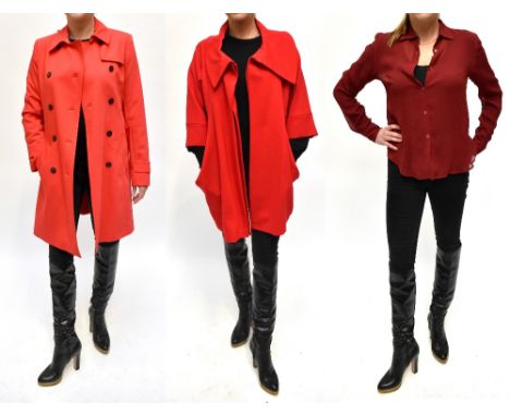ARMANI COLLEZIONI; a 100% silk burgundy red lady's blouse, size EU 42, a Marella full-length double fronted red coat with bla