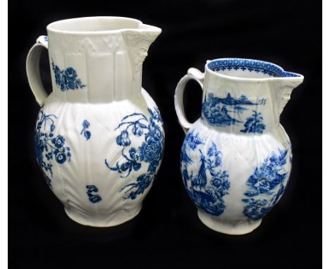 CAUGHLEY; two 18th century cabbage leaf moulded jugs, the larger example with masthead spout, decorated with floral sprays, h