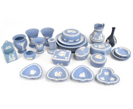 WEDGWOOD; twenty one pieces of blue jasperware to include an unusual wall pocket, height 12.5cm, etc.Additional InformationGe