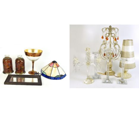 A group of lighting and glass&nbsp;comprising a gilt and scrolled lamp with clear and coloured glass beads and pendants,&nbsp