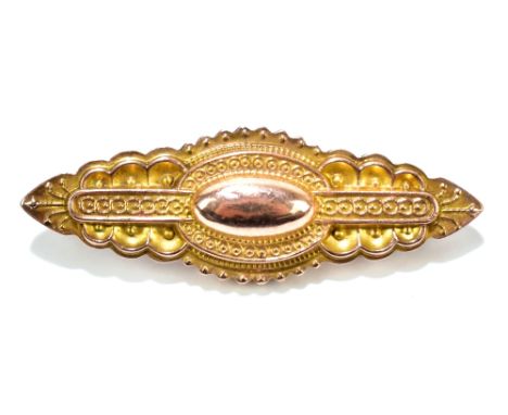 An Edwardian 9ct yellow gold bar brooch with stylised leaf motif, hallmarked for Chester 1908, length 48mm, approx 3.5g.Addit
