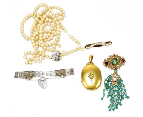 A small group of costume jewellery to include a yellow metal and opal brooch, a gold plated locket set with seed pearls, a si