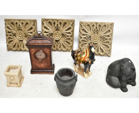A mixed group including three composite panels with floral detail, a modern mahogany effect mantel clock, height 50cm, a mode