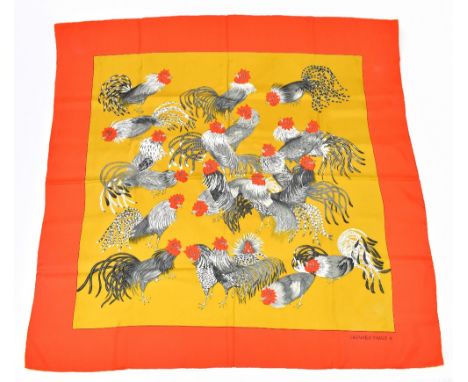 HERMÉS; an orange, gold and black silk scarf, 'Jeunes Coqs' by Madame la Torre, first edition 1966 and re-issued, 89 x 89cm, 