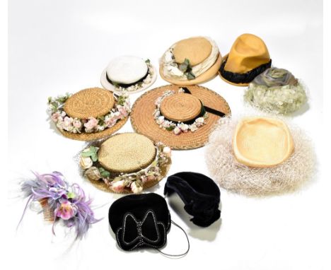 FRANK USHER; a vintage straw hat with net decoration, a Manvers vintage straw hat with net and floral decoration, a Walman be