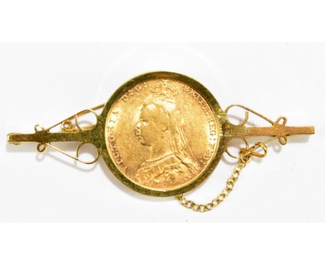 A Victorian full sovereign, 1889, set in a 9ct gold brooch mount, length 5cm, approx 11.8g.Additional InformationThe coin app