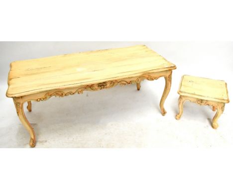 Two modern French style cream painted serpentine&nbsp;coffee tables, raised on carved cabriole supports, length of largest ex