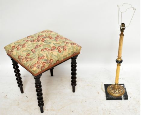 A Victorian stool raised on stained mahogany bobbin turned legs, length 41cm, height 45cm, together with a brass table lamp w