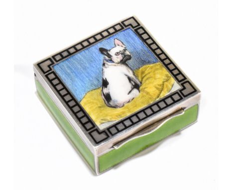 An early 20th century sterling silver and enamel pill box, the cover decorated with a seated French bulldog, the edges decora