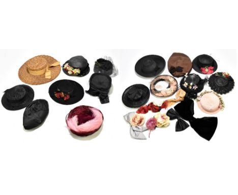 THE HALLE BROS CO; a vintage black straw hat with ribbon, an Andrea Fashions black straw hat with net and floral details, an 