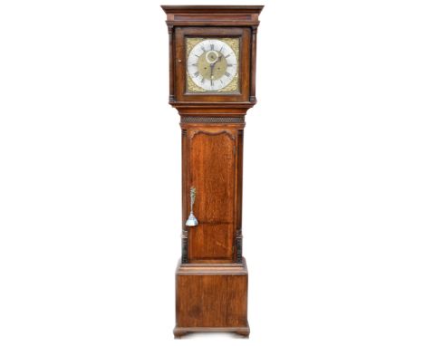 SAMUEL CLARE OF WARRINGTON; a George III oak cased eight day longcase clock, the brass face with silvered dial with Roman and