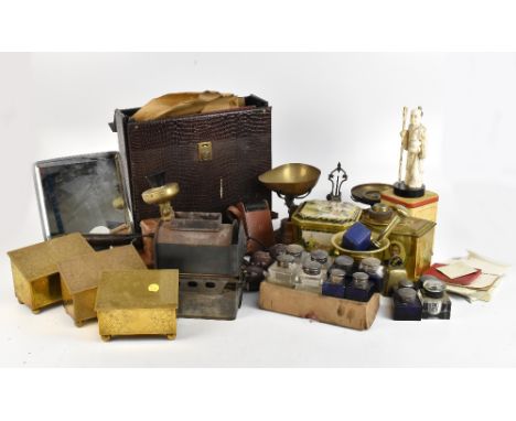 A mixed group of collectors' items including clear and blue glass inkwells, a set of Avery scales, brass pestle and mortar, f