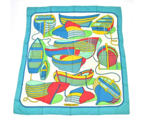 HERMES; a 100% silk azure blue, green and gold scarf 'Thalassa' by P. Peroy depicting abstract boats and nautical ropes, sign