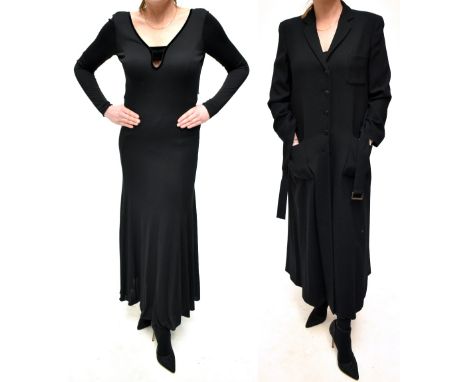 ARMANI COLLEZIONI; a wool mix full-length black button through and tie waisted coat dress, size 42, and a Giorgio Armani blac