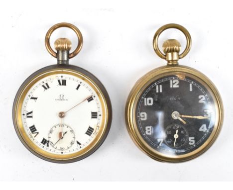 OMEGA; a base metal crown wind open face pocket watch, the enamelled dial with Roman numerals and subsidiary seconds dial, di