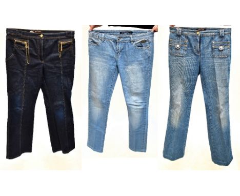 Three pairs of designer jeans&nbsp;comprising a pair of Roberto Cavalli dark indigo bootcut jeans, size 46, a pair of Robert 