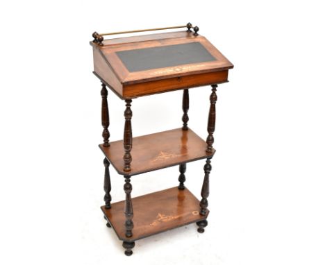 A 19th century walnut bureau whatnot with marquetry detail and brass rail, the hinged lid inset with writing surface, on turn