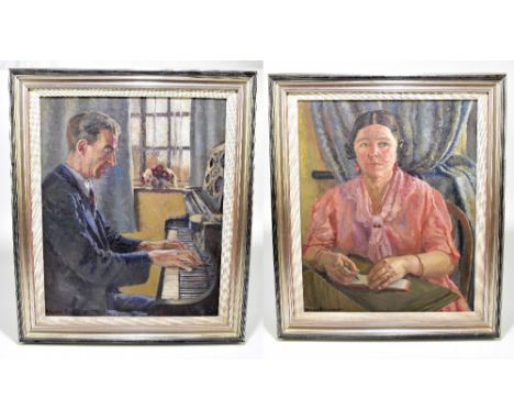 MAVIS BLACKBURN; a pair of oils on canvas, portrait studies, the first titled 'Mrs Marion Ashton', a lady in pink dress with 