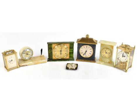 Six mantel and further clocks including a Smiths battery operated example with celluloid simulated hardstone mounts, a Domini