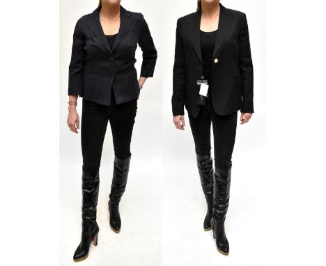 MAXMARA; an unlined black linen blazer jacket with white front button and pockets, size 12, and a Maxmara Studio navy blue li