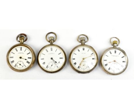 Three hallmarked silver crown wind open face pocket watches to include two examples signed 'A.W.W Co, Waltham Mass', also a s