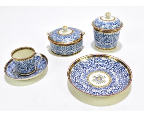 WORCESTER; five pieces of 18th century porcelain decorated in the Royal Lily pattern, including trio, lidded butter dish, dia