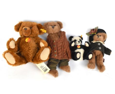 STEIFF; two modern button in ear bears, 'No. 33 mit Stimme' and a panda, also two further modern bears including a Bearington
