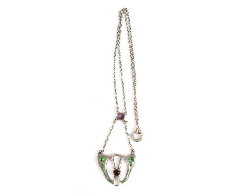 CHARLES HORNER; an Edward VII hallmarked silver and enamel Art Nouveau pendant, inset with A.C. Bloxham Ltd of London case, t