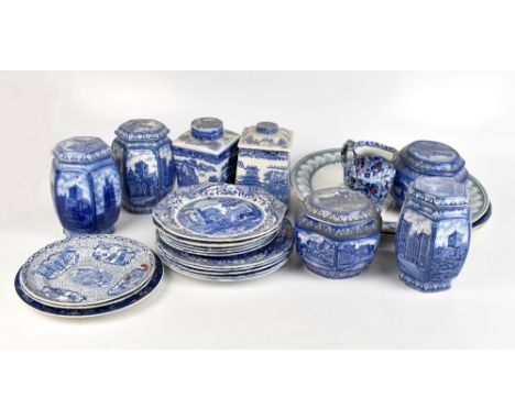 A group of blue and white ceramics including two meat plates, the first with transfer decoration inscribed to the reverse 'Se