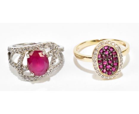 A yellow metal ruby and diamond dress ring, stamped 14k, size S, approx 3.9g and 925 ring (2).&nbsp;Additional Informationage