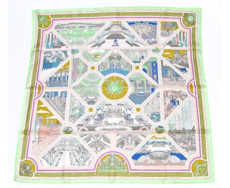 HERMÉS; a pink and green silk scarf 'Flanerie à Versailles', depicting a scene from Versailles, Paris, 89 x 89cm, unused and 