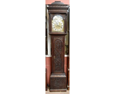 JOHN STORR OF YORK; an oak cased eight day longcase clock, the brass dial with strike and silent subsidiary dial and two furt