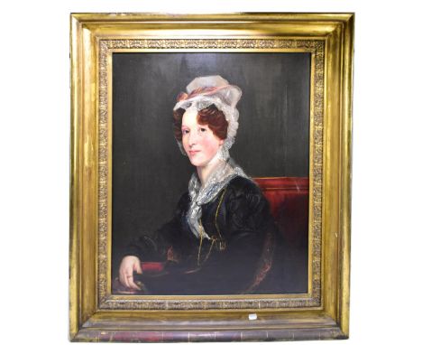 An early 20th century oil on canvas portrait depicting Mrs Gray, apparently unsigned, 75 x 62cm, bears label verso, dated 190