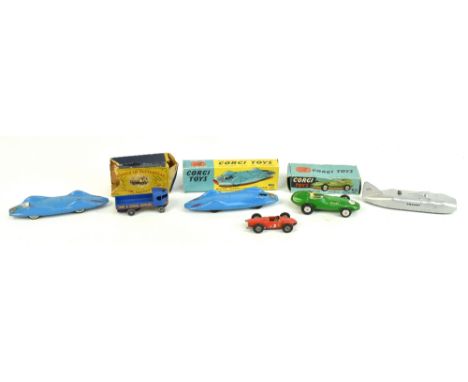 CORGI; a boxed 153 Proteus-Campbell (Blue Bird) car, a further example unboxed, a boxed Vanwall Formula One Grand Prix, etc (