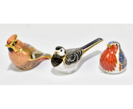 ROYAL CROWN DERBY; three bird paperweights including 'Pied Wagtail', all first quality with gold stoppers (3).Additional Info