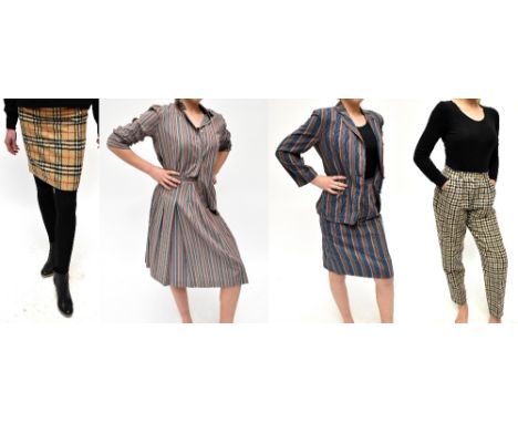 BURBERRY; a vintage lady's wool short Burberry plaid pencil skirt, waist 26", a pair of Aquascutum 100% wool check lady's tro
