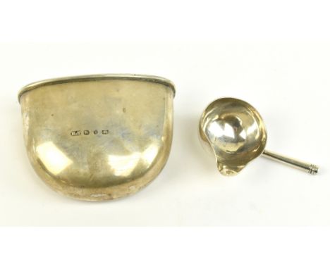 HILLIARD &amp; THOMAS; a Victorian hallmarked silver hip flask cup, Birmingham 1890, width 8.5cm, and a Georgian toddy ladle 