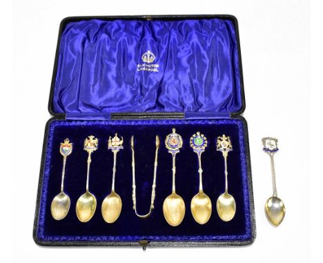 LEVI &amp; SALAMAN; a cased set of six Edward VII hallmarked silver gilt and enamelled souvenir spoons, Birmingham (various d