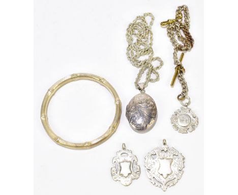 A small group of silver jewellery, including a simulated bamboo bangle, external diameter 7.6cm, internal diameter 6.6cm, an 