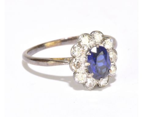 An unmarked white metal, sapphire and diamond dress ring, size N, approx 2.8g.Additional InformationWe are happy that the sto