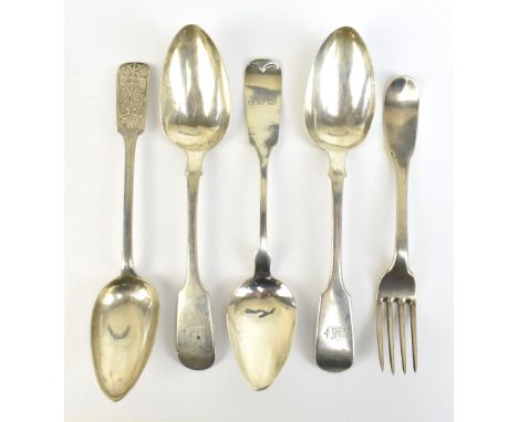 RICHARD KESTELL OLIVER; a pair of 19th century Canadian silver fiddle pattern tablespoons both with engraved initials to term