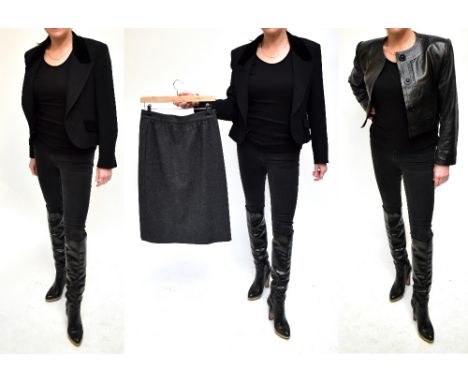 GIVENCHY; a short nappa leather black box jacket with long sleeves, rounded collar and button through front, lined with silk,