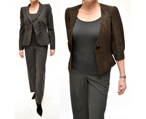 ARMANI COLLEZIONI; a woollen pewter coloured trouser suit with a button through jacket and straight leg trousers, both size U