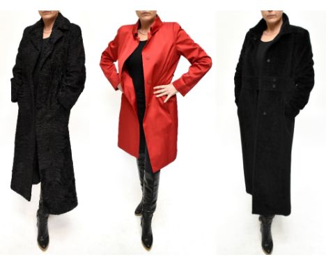 MAXMARA; a full-length black alpaca wool coat with pop stud fastenings, size 12, and a Maxmara red satin medium length coat, 