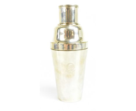 A Continental white metal cocktail shaker no.'0' to lower rim of top and inscribed ' Moor Park Club' beneath crest featuring 