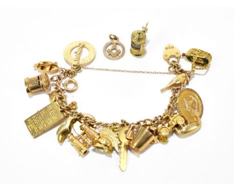 A 9ct yellow gold charm bracelet with charms including a scooter, key, helmet, motor car, etc (two detached), combined approx