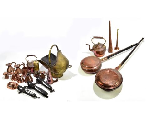 A collection of 19th century and later metalware, including copper kettles, animal traps, Eccles Protector Miner's lamp, vari