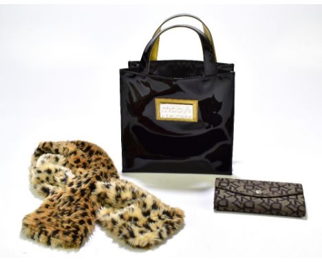 DKNY; a large brown canvas covered purse wallet with soft nappa brown leather lining, a small 'New York Macy's' black plastic
