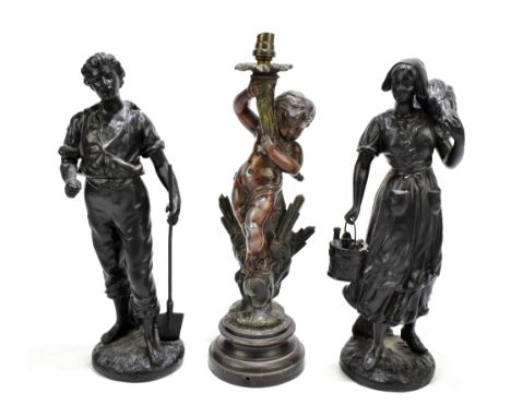 A pair of 20th century spelter figures depicting farmhands, height of larger example 31.5cm, together with a bronzed spelter 