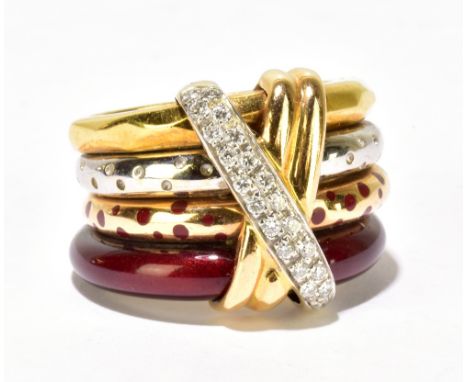 NOUVELLE BARGUE; an 18ct yellow gold, white gold, red enamelled and diamond set four sectioned ring with crossover raised fra